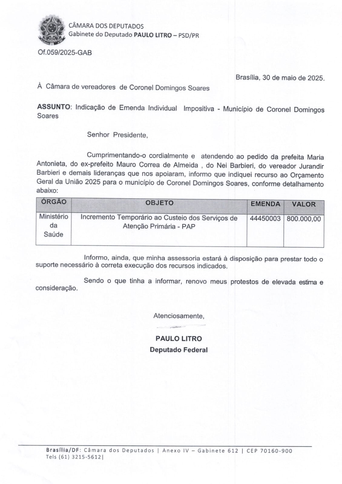 🔹 R$ 800 mil para a Saúde de Coronel Domingos Soares!